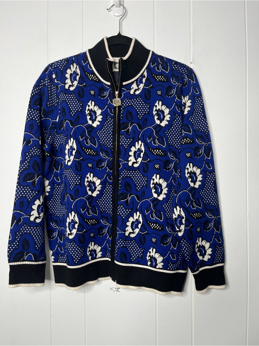 Anne Klein Royal Blue and Black Floral Full Zip Cardigan Sweater Size M